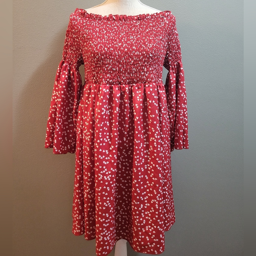 Red Heart Print Smocked Bodice Off The Shoulder Flowy Bell Sleeve Mini Dress 2x